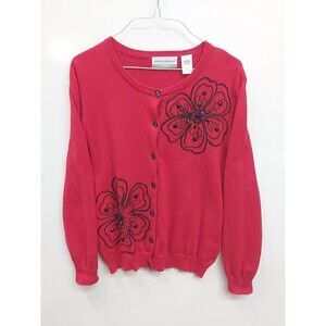 Alfred Dunner Women's Petite Red And Black Floral Button Up Cardigan Size PXL